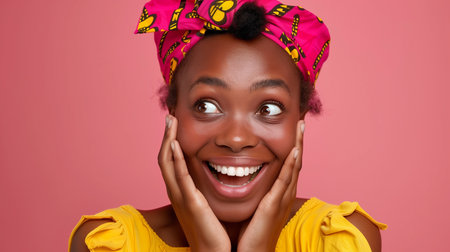 Surprised beautiful black woman holds cheeksの素材