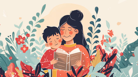 Mother And Child Reading A Book Together Illustration.family home.の素材