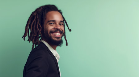 Portrait close-up of a smiling young handsome African American man with dreadlocks standing posing in the library or and looking at the cameraの素材