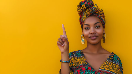 African american girl warning raised forefinger up, does admonishing gesture, giving advice to avoid danger, disapproveの素材
