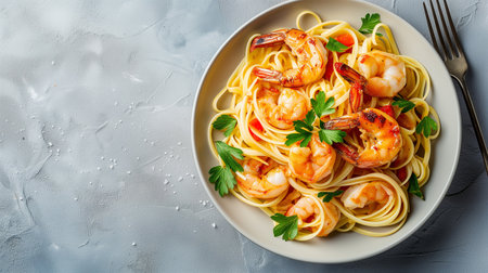 Pasta spaghetti with grilled shrimps bechamel sauce. Spaghetti with seafood rich cream. Cooking mediterranean food with savory prawns, macro top view, blue table, Italian cuisineの素材