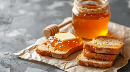 Delicious honey sandwich with milk for breakfast on baking paperの素材