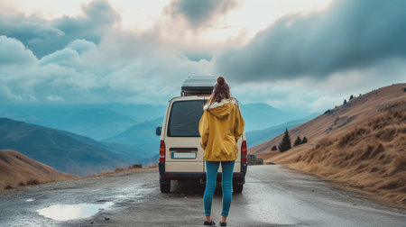 One young beautiful woman student, travel concept from the back of her carの素材
