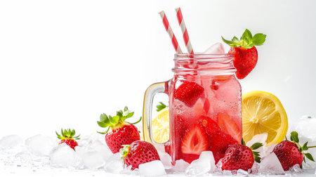 Refreshing Strawberry and lemon Iced Tea or lemonade in glass on a gray stone backgroundの素材