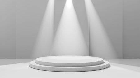 Modern white and gray geometric pedestal podium with green palm leaf. Platform in shadow. Abstract white and gray minimal wall scene. Vector rendering 3d shape cosmetic product display presentation.の素材