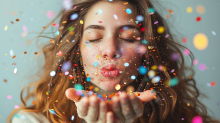 Young woman blowing confetti in front of wallの素材