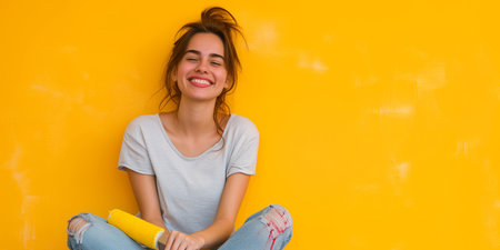 woman in yellow t-shirt helmet use paint roller hold bucket isolated on plain yellow background Instruments accessories for renovation room, Repair home conceptの素材