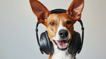 Adorable basenji dog in black wireless headset licking his nose, close up shot isolated on whiteの素材