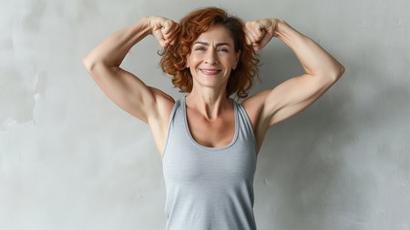 Senior grey-haired woman wearing casual clothes showing arms muscles smiling proud. fitness conceptの素材