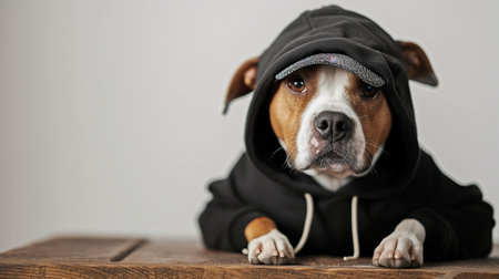 Funny dog in hipster knit hat. terrier looks at copy space, winter accessories or seasonal conceptの素材