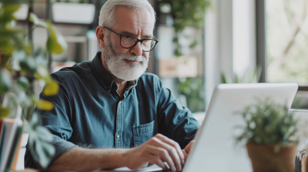 senior man wearing glasses, sitting at his cozy workplace with laptop at homeの素材