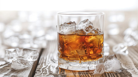 Glass of whiskey on ice with bottle on wood barの素材