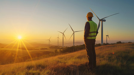 Engineer working on a wind farm atop a hill or mountain in the rural. Progressive ideal for the future production of renewable, sustainable energy. Energy generation from wind turbine.の素材