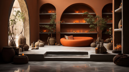 Local style bathroom with blank orange wall 3d render,There are old wood floor decorate with rattan lamp and terracotta jarの素材