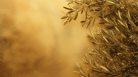 Olive golden branch, oil fruit, bronze leaves on golden background. Nature italy illustration.の素材