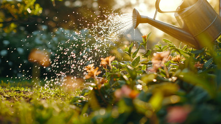 Watering freshly planted. man gardening at his backyard during springtime.の素材