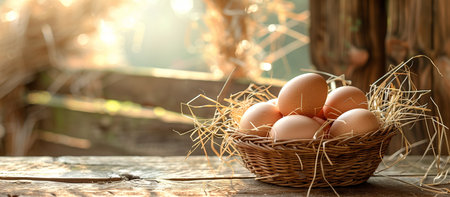 basket of chicken eggs on a wooden table over farm in the countrysideの素材