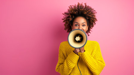 Happy black woman, megaphone and speaker in advertising or marketing against a yellow studio background. African female person, smile or voice with loudspeaker in announcement, alert or discount saleの素材