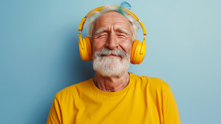 Photo of optimistic old man listen to music dance arms wear headphones spectacles isolated yellow backgroundの素材