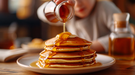 Woman pouring honey onto tasty pancakes with berries closeupの素材