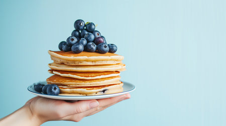 Close up cropped female hold in hand tasty yummy stacke of pancakes with raspberries isolated on pastel plain light blue color wall background studio. Cook food concept. Copy space advertising mock upの素材