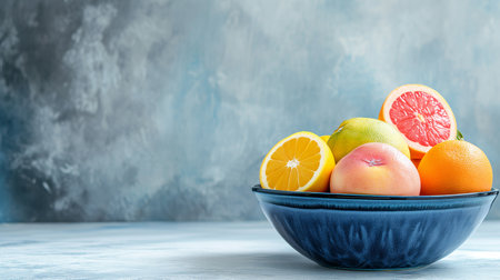 Different fruits and citrus in big metallic blue bowl in front of turquoise wall on white wooden table from sideの素材