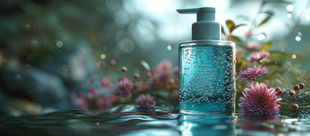Blue bubbles and perfume glass bottle on abstract background. Suitable for beverages, cosmetics, healthcare concepts. Vector illustrationの素材