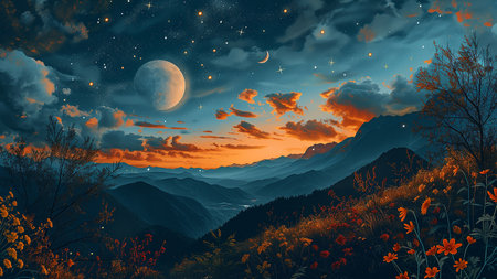 Cosmos background with realistic stardust, nebula, moon and shining stars. Colorful galaxy backdrop. Space vector illustration. Starry night, infinite universe, milky wayの素材