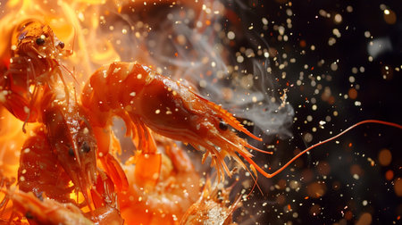 Freeze Motion of Wok Pan with Flying Ingredients in the Air and Fire Flames.の素材