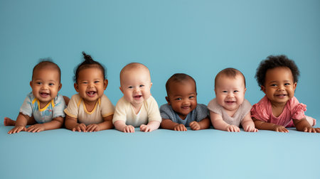 Group of multiethnic babies crawling isolated. on white backgroundの素材