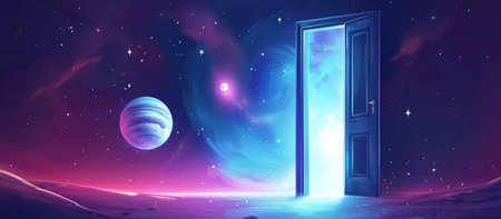 Glowing doorway portal in space on a stone planet. A door to other worlds. illustrationの素材