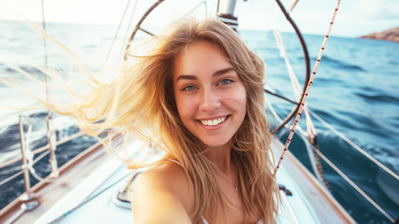 Young beautiful brunette girl making selfie using phone while sitting on the luxury yachtの素材