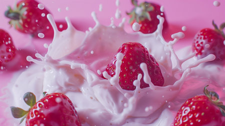 flying strawberries with milk, yogurt splashの素材