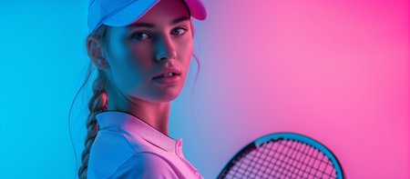 portrait of young woman, tennis player in uniform training against colorful studio background. Concept of professional sport, movementの素材
