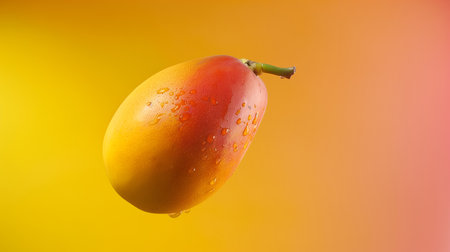 Fresh ripe mango with leaves falling in the air isolated on yellow background. Food levitation concept.の素材