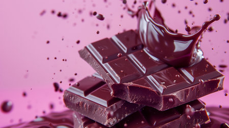 Splashing and whirl chocolate liquid, isolated on warm pink backgroundの素材