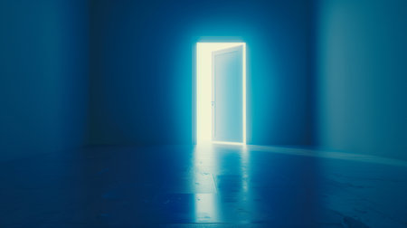 Glowing exit from blue room open door.の素材