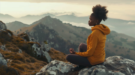 Beautiful african woman sitting on a peak, and meditatingの素材