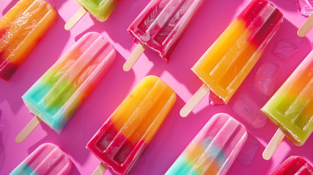 multicolored ice cream popsicle. Various gelato, frozen lollypops on light pink sunny backgroundの素材