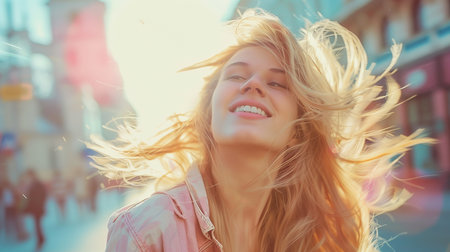 Young attractive smiling blond woman joyfully looking in camera with sea on backgroundの素材