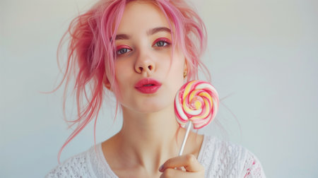 sexy girl eating lollipop. Beauty Glamor Model with trendy pink hair style, colorful lollipop candyの素材