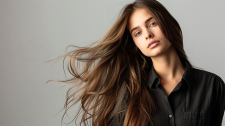 Young woman with long hair posing in a photo studio. Bright studio lights, solid white background, space for text.の素材