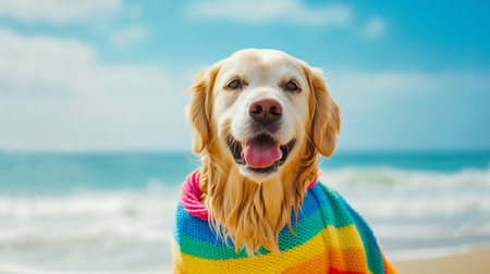 Adorable dog wearing a vibrant rainbow jumper, standing on a sandy beach with the ocean in the backgroundの素材