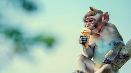 Adorable monkey savoring an ice cream cone, capturing a sweet and playful moment in nature.の素材
