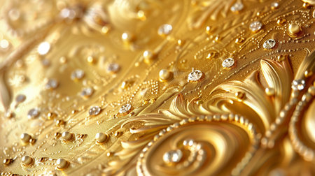 Exquisite close-up of golden embroidery with intricate jewel details, creating a luxurious, opulent pattern.の素材