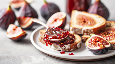 Close-up of fig jam with fresh figs and toast. A close-up image featuring a spoon spreading fig jam on a slice of toast, surrounded by fresh figs.の素材