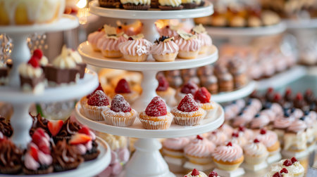 A luxurious dessert table filled with an assortment of cupcakes, pastries, and macarons, elegantly displayed on tiered stands, perfect for a wedding or special event.の素材