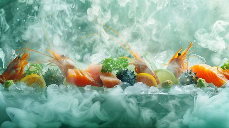 Elegant seafood platter on ice, featuring shrimp and sashimi, with misty smoke and vibrant citrus slices for a luxurious culinary displayの素材