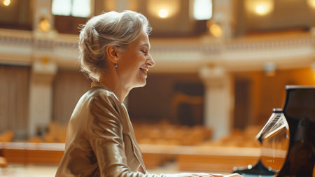 Middle-aged European woman playing a grand piano in an elegant concert hallの素材