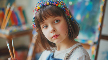 Young girl with colorful beads in her short hair, painting in an art studio, displaying creativity and concentrationの素材